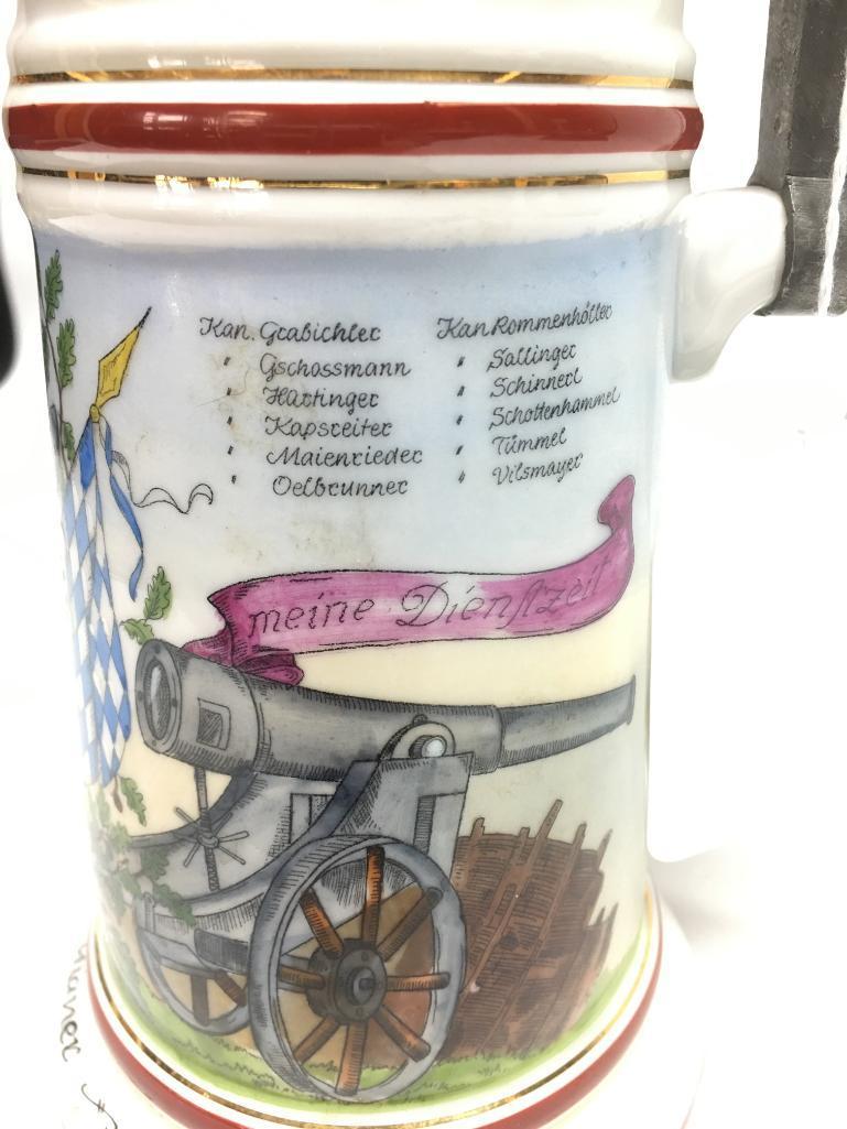 German Regimental Porcelain Beer Stein W/Cannon Finial