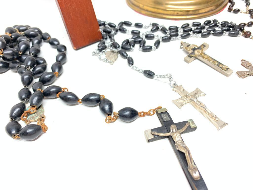 (3) Catholic Rosary's, Crosses, & Holy Water Font W/Candle Holders