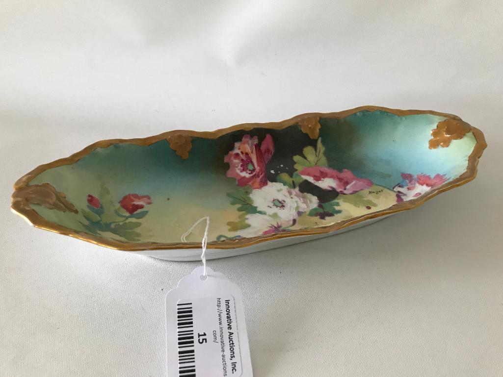 "Limoges, France, Coronet" Hand Painted Porcelain Celery Dish Signed "NAYAT"