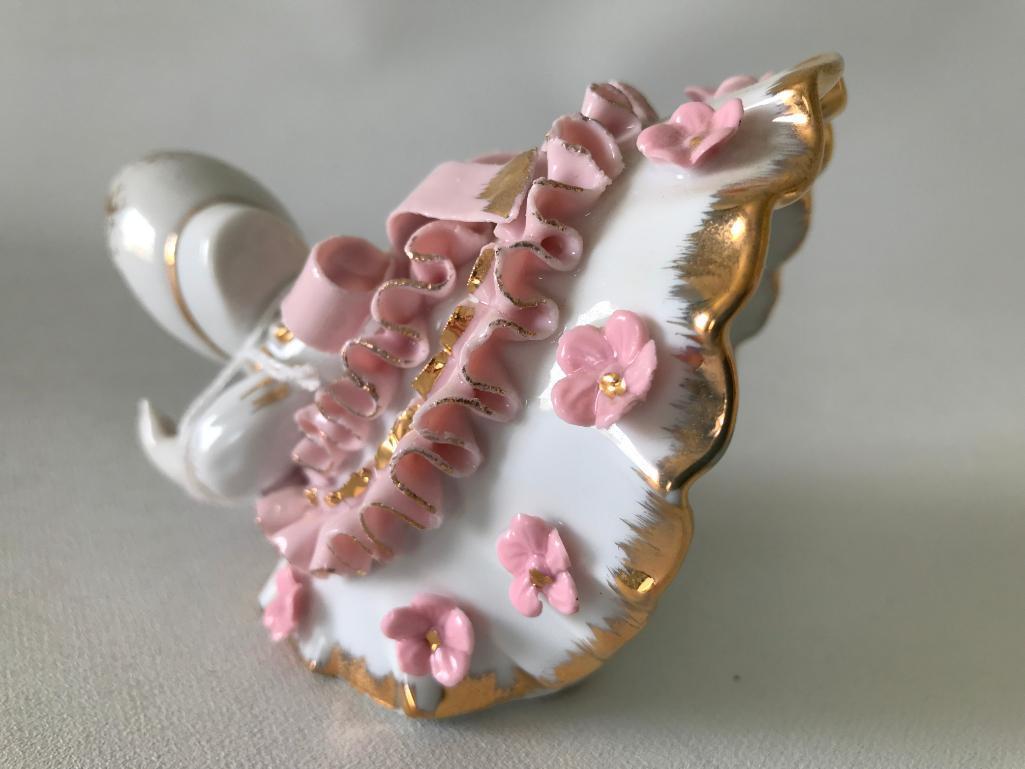 1960's Japan Porcelain Figurine W/Applied Flowers & Ribbon