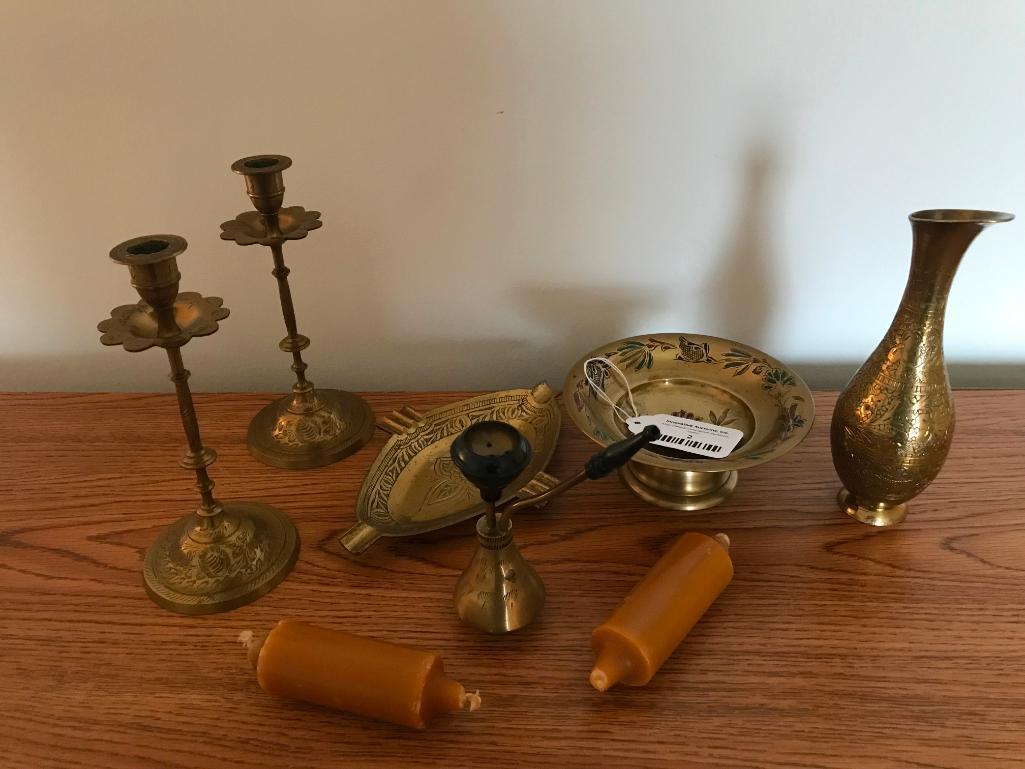 Group Of (6) Engraved Brass Items