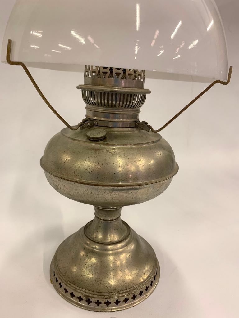 Vintage Rayo Nickel Plated Oil Lamp W/Milk Glass Shade