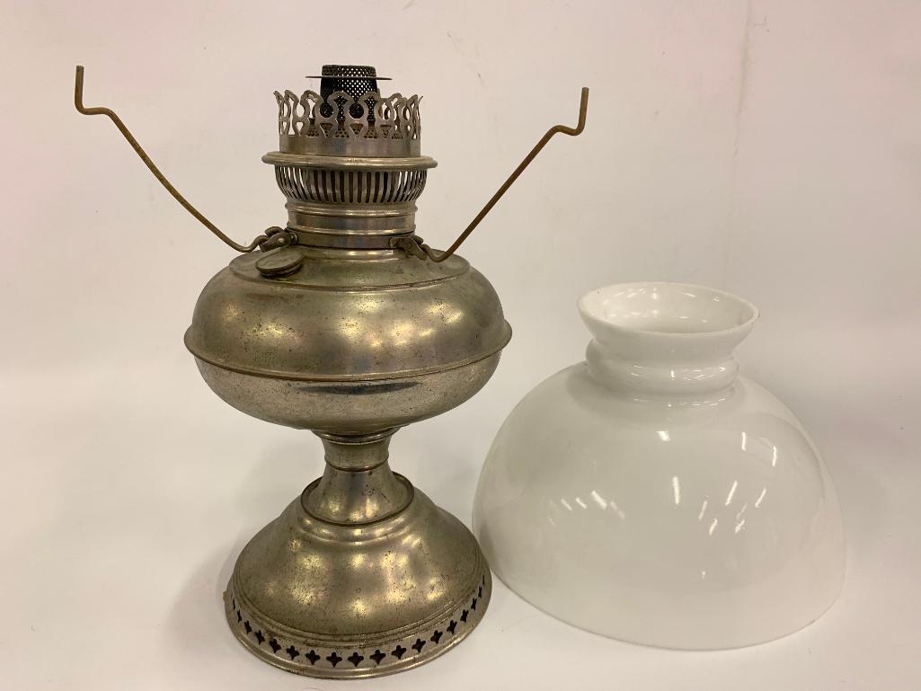 Vintage Rayo Nickel Plated Oil Lamp W/Milk Glass Shade