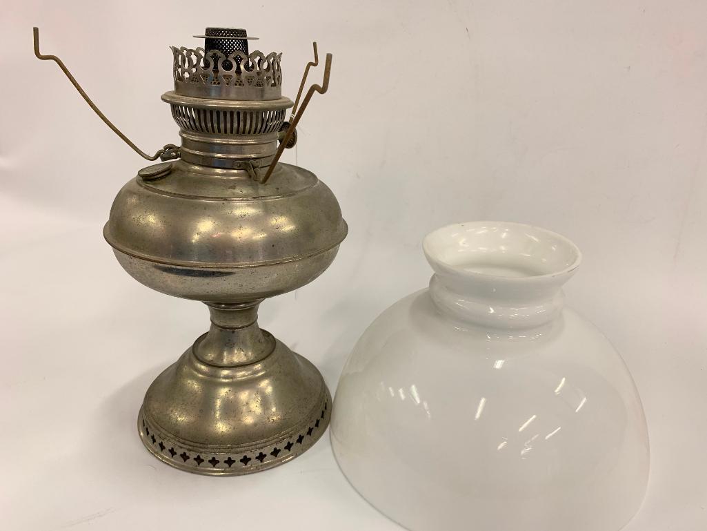 Vintage Rayo Nickel Plated Oil Lamp W/Milk Glass Shade