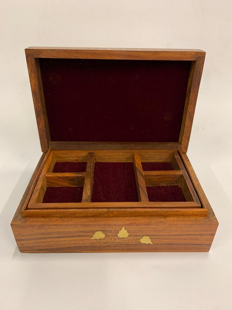 Wooden Jewelry Box W/Brass Inlay