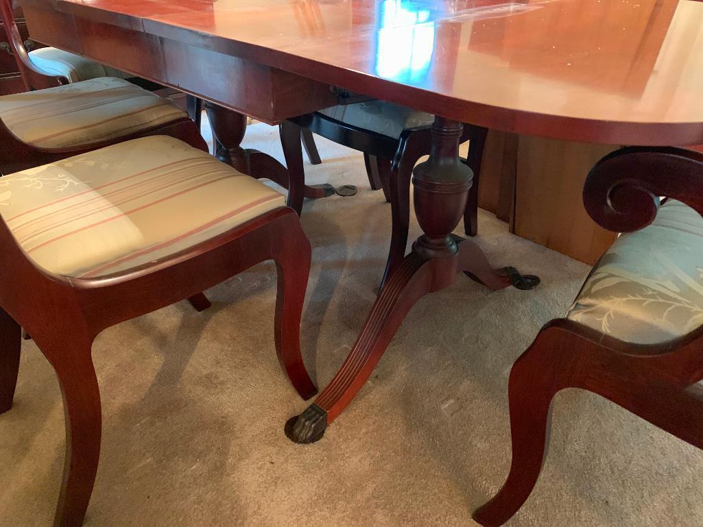 Vintage Mahogany Drop Leaf Table W/5 Leaves & (6) Matching Rose Back Chairs In Duncan Phyfe Style
