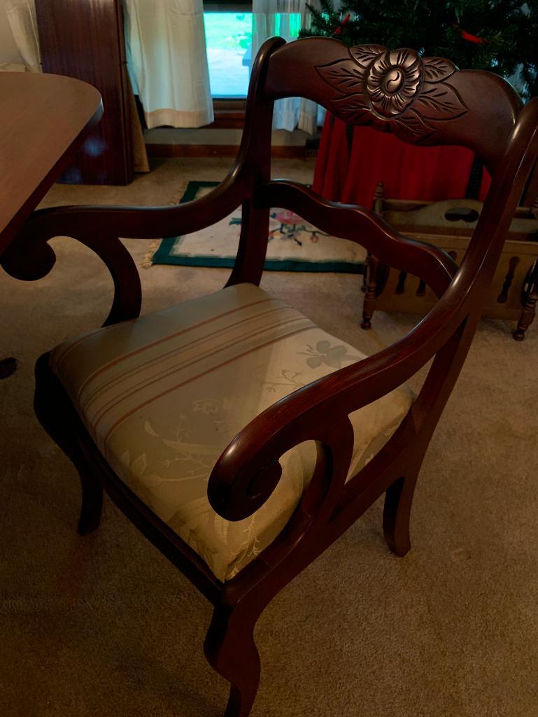 Vintage Mahogany Drop Leaf Table W/5 Leaves & (6) Matching Rose Back Chairs In Duncan Phyfe Style