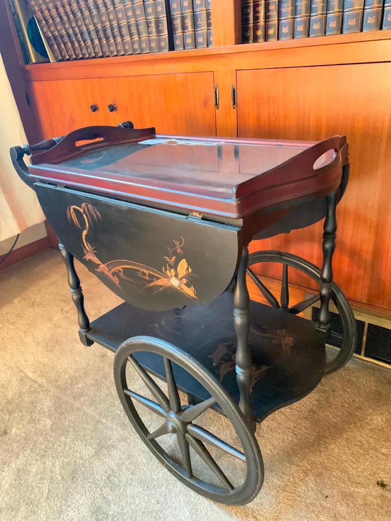 Vintage Hand Painted Tea Cart W/Lift Off Serving Tray & Drop Leaves