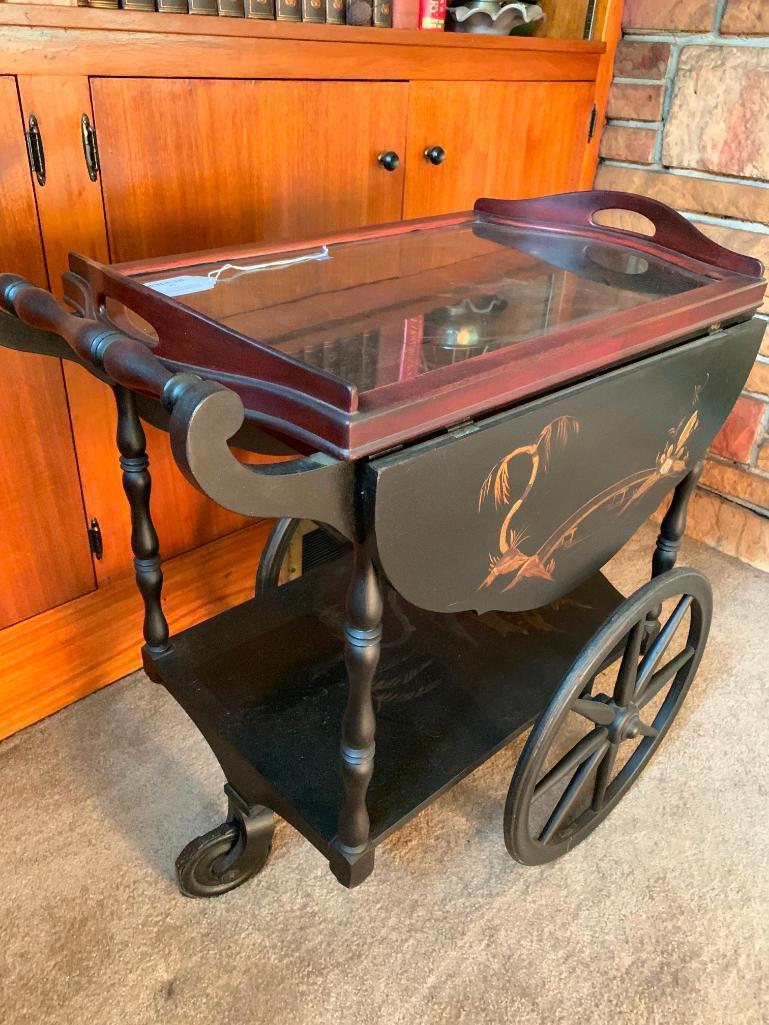 Vintage Hand Painted Tea Cart W/Lift Off Serving Tray & Drop Leaves