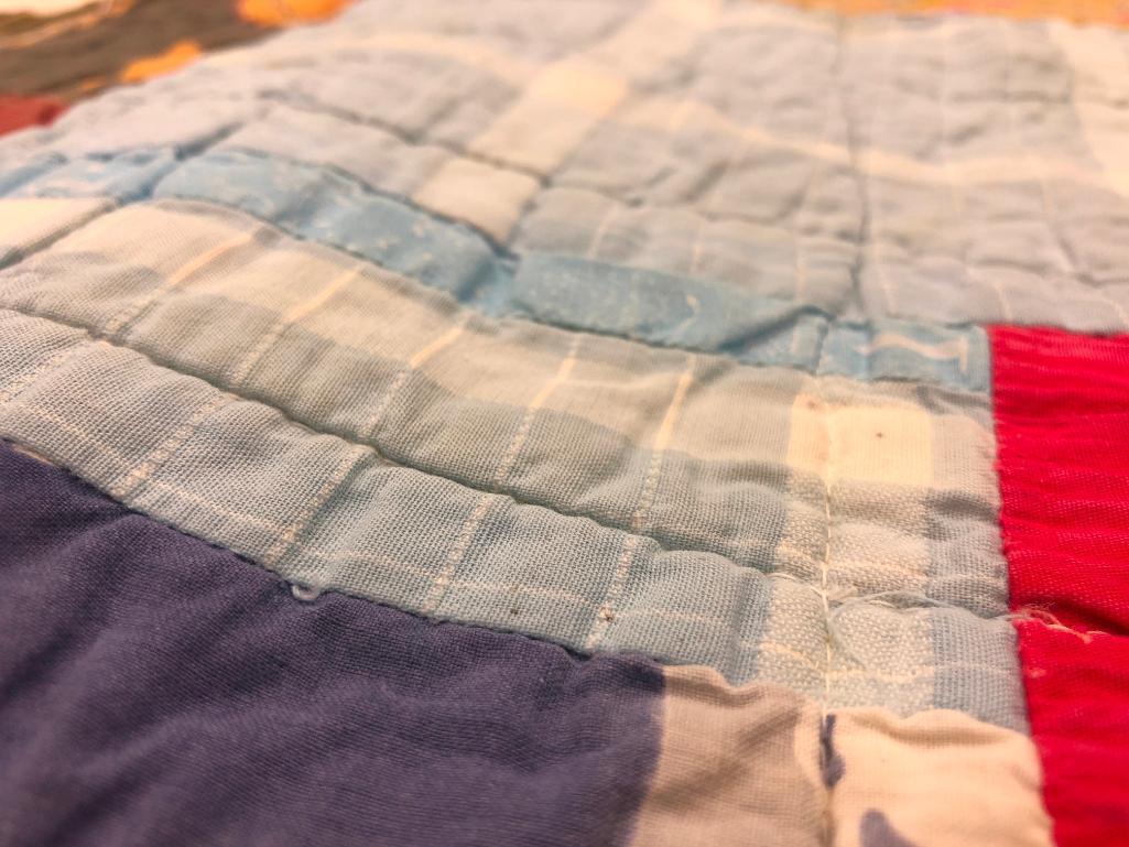 Vintage Wacky Free Form Patchwork Quilt With A Satin Edging.