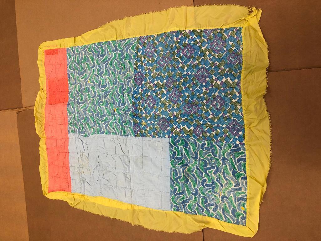 Vintage Wacky Free Form Patchwork Quilt With A Satin Edging.