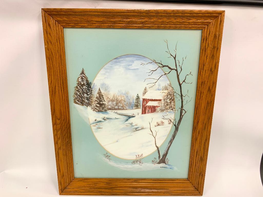 Oil On Board & Matting Of Winter Scene In Oak Frame