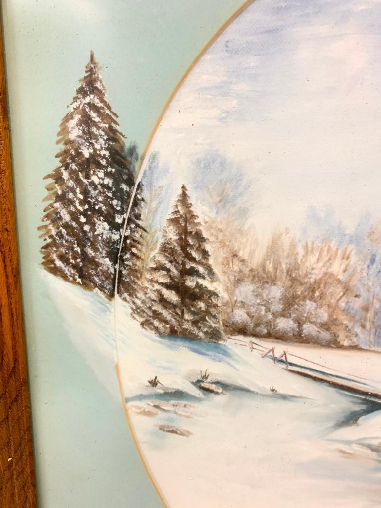 Oil On Board & Matting Of Winter Scene In Oak Frame