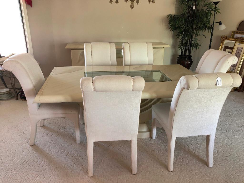 Beautiful Formal Faux Marble Dining Room Table W/(2) Leaves, (6) Upholstered Chairs, & Server