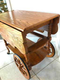 Oak Tea Cart W/Embossed Drop Leaves