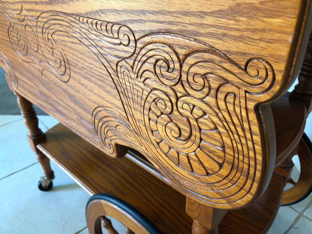 Oak Tea Cart W/Embossed Drop Leaves