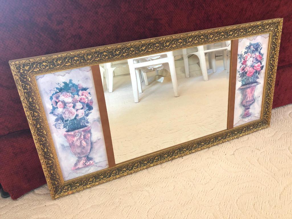 Gold Framed Beveled Mirror W/Prints On Each End