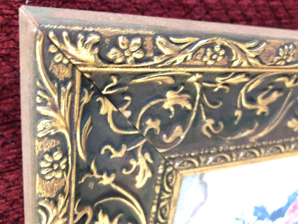 Gold Framed Beveled Mirror W/Prints On Each End