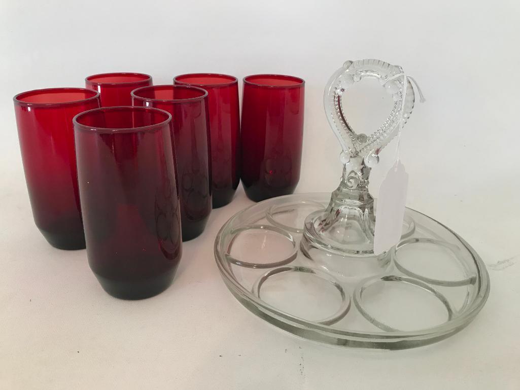 (6) Ruby Red Glasses On Clear Glass Carrier