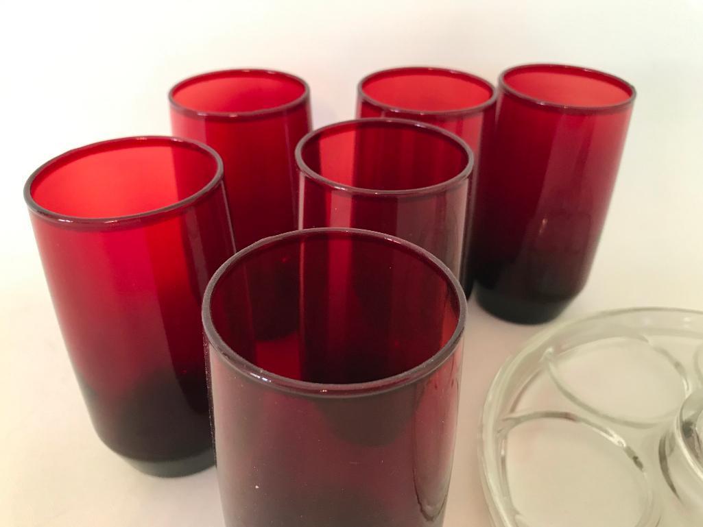 (6) Ruby Red Glasses On Clear Glass Carrier