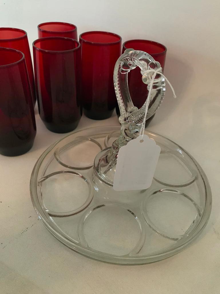 (6) Ruby Red Glasses On Clear Glass Carrier