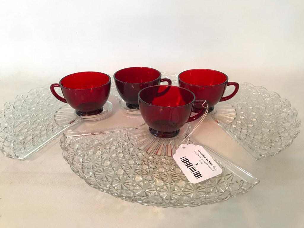 Vintage Red & Clear Glass Snack Set