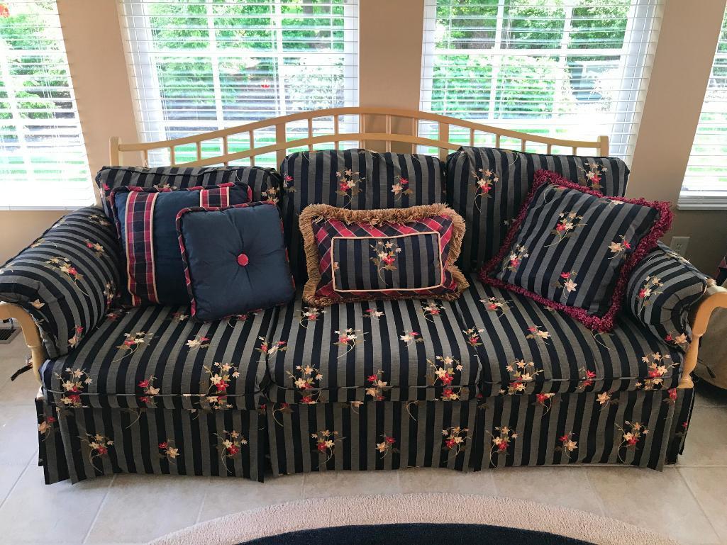 Ethan Allen Wood Framed Couch W/ Pillows & Extra Set Of Slip Cushion Covers