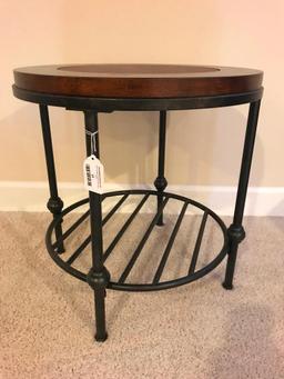 Metal and Wood End Table with Learher Inlaid Top, 22 Inch Diameter and 23 Inches Tall