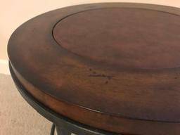 Metal and Wood End Table with Learher Inlaid Top, 22 Inch Diameter and 23 Inches Tall