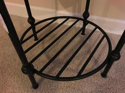 Metal and Wood End Table with Learher Inlaid Top, 22 Inch Diameter and 23 Inches Tall