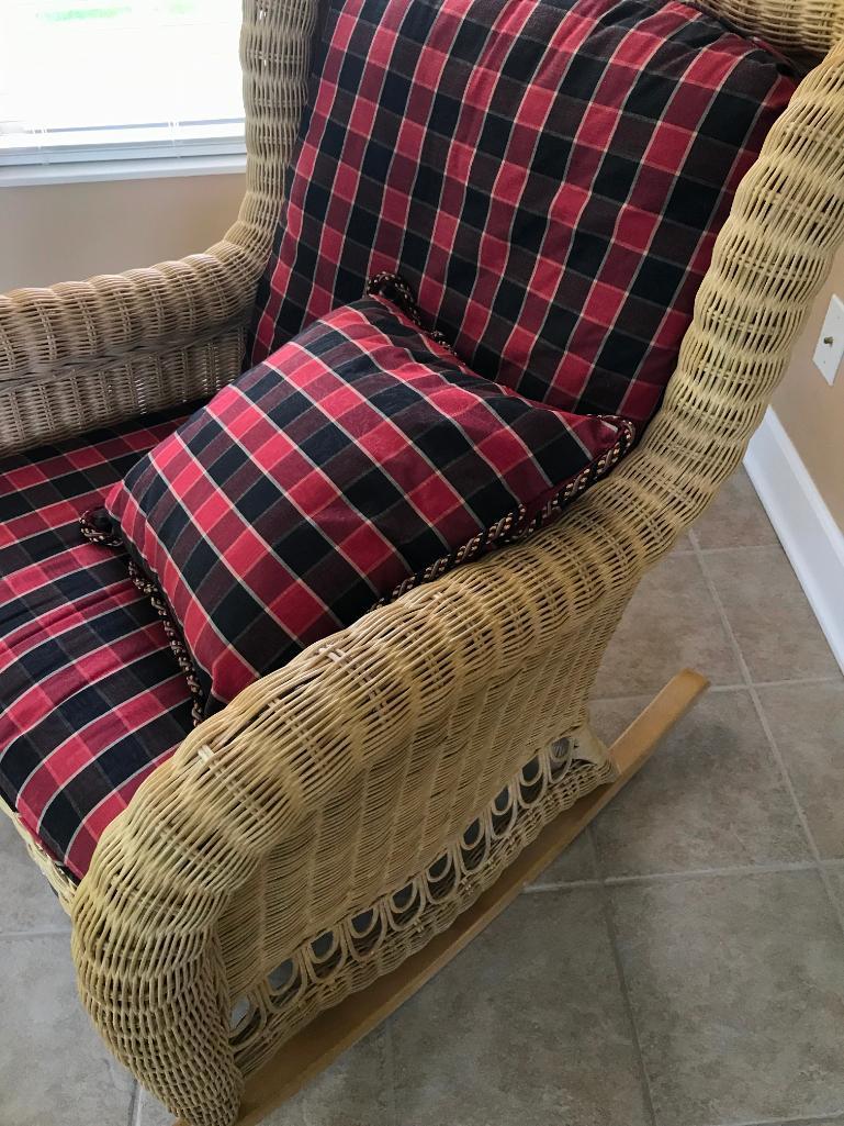 Ethan Allen Wicker Rocking Chair W/Ottoman & Matching Cushions