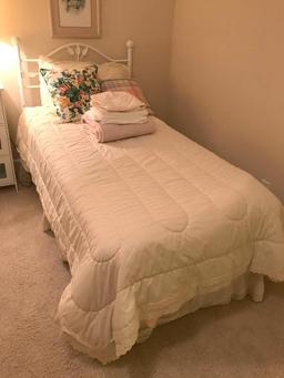 Single Bed with Frame, White Metal Headboard and all Bedding Shown