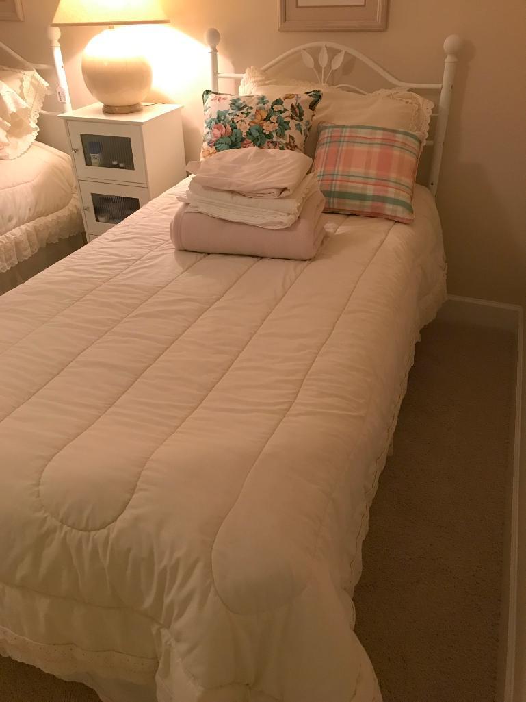 Single Bed with Frame, White Metal Headboard and all Bedding Shown