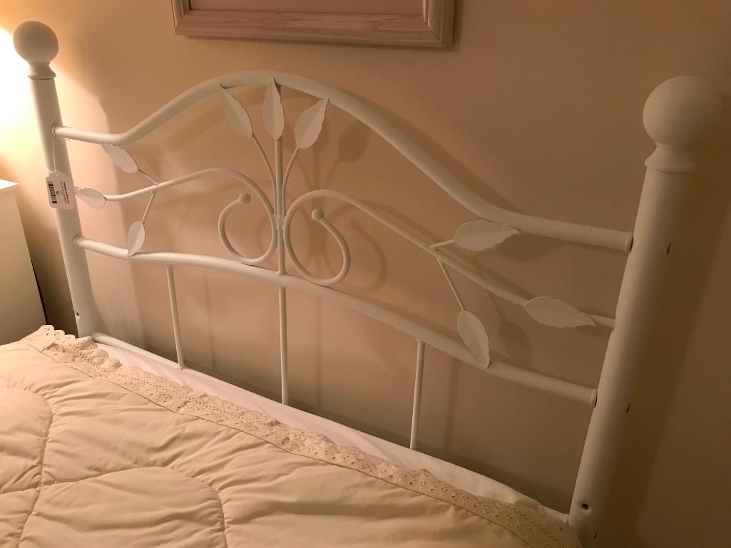 Single Bed with Frame, White Metal Headboard and all Bedding Shown