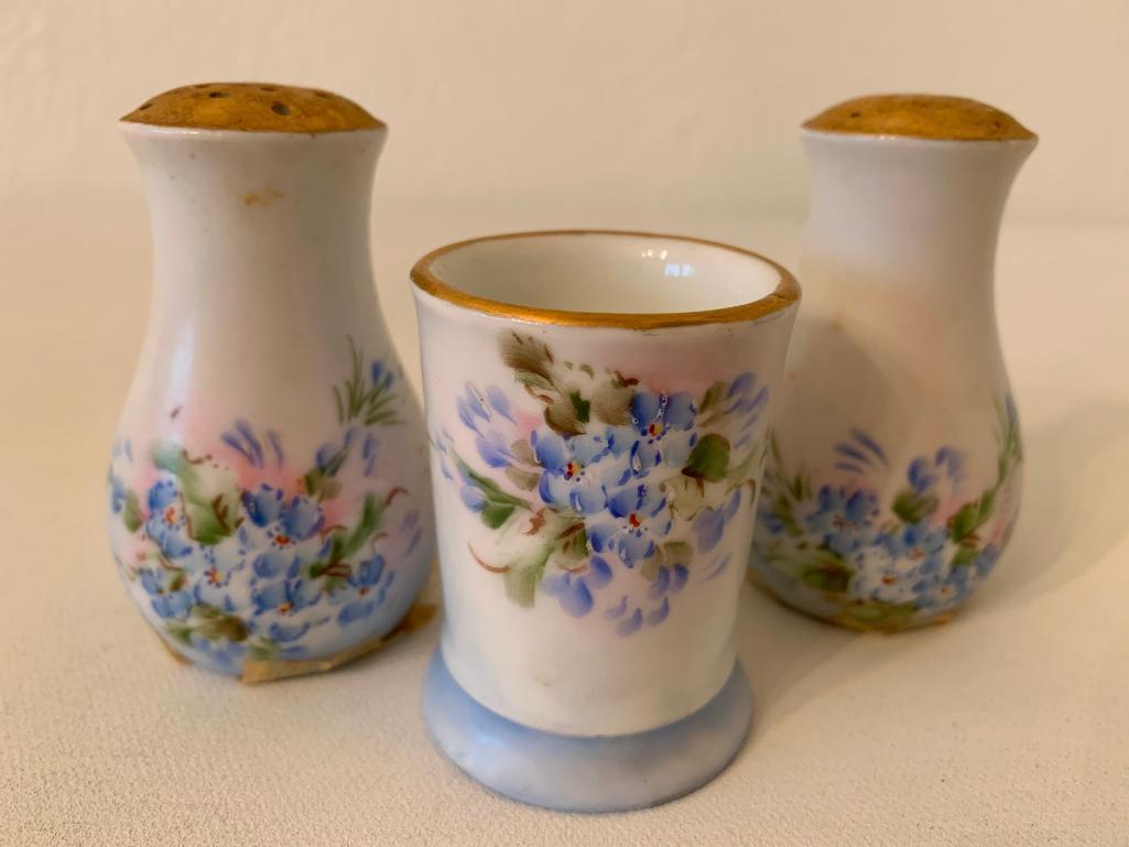 Hand Painted Germany Porcelain Salt/Pepper & Matching Tooth Pick Holder