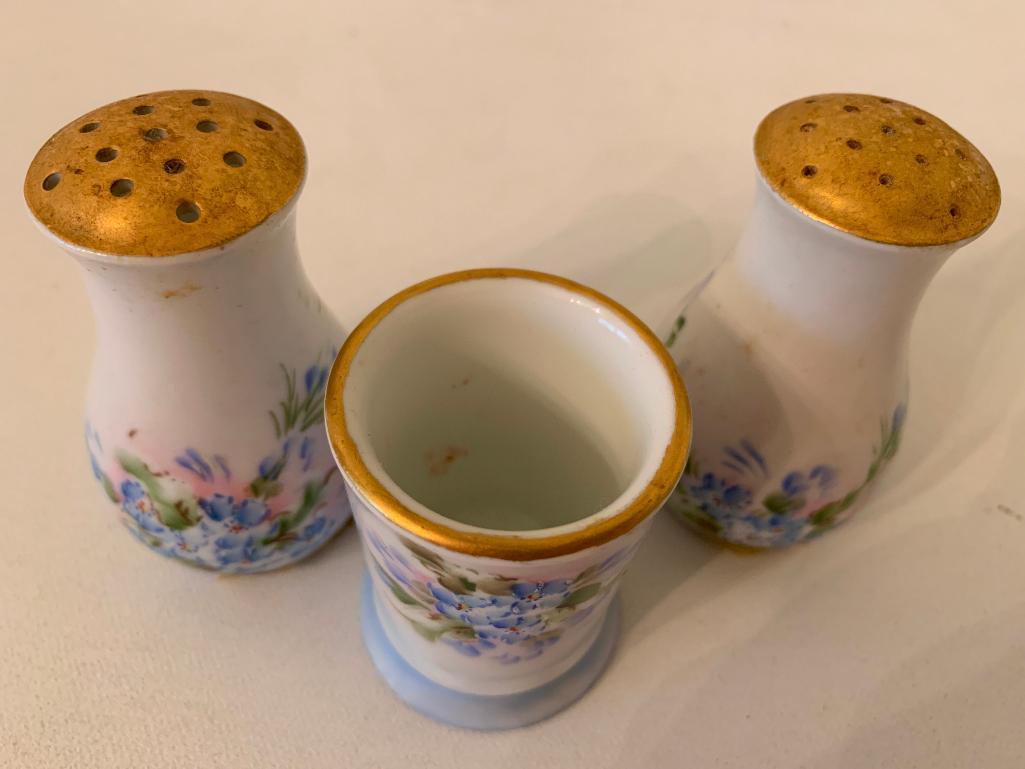 Hand Painted Germany Porcelain Salt/Pepper & Matching Tooth Pick Holder