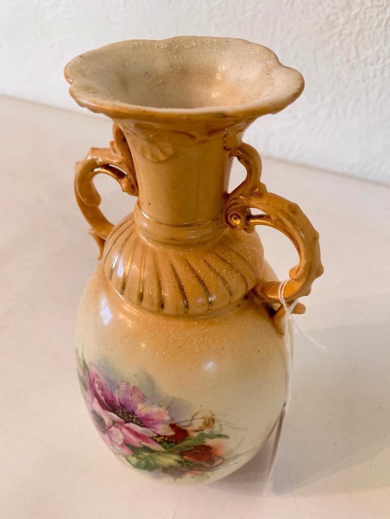 Vintage Handled Vase W/Floral Design