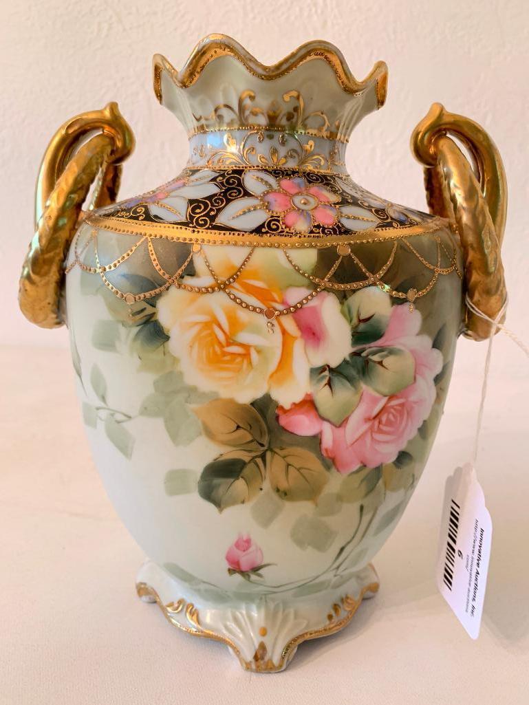 Vintage Hand Painted Nippon Vase W/Yellow & Pink Roses