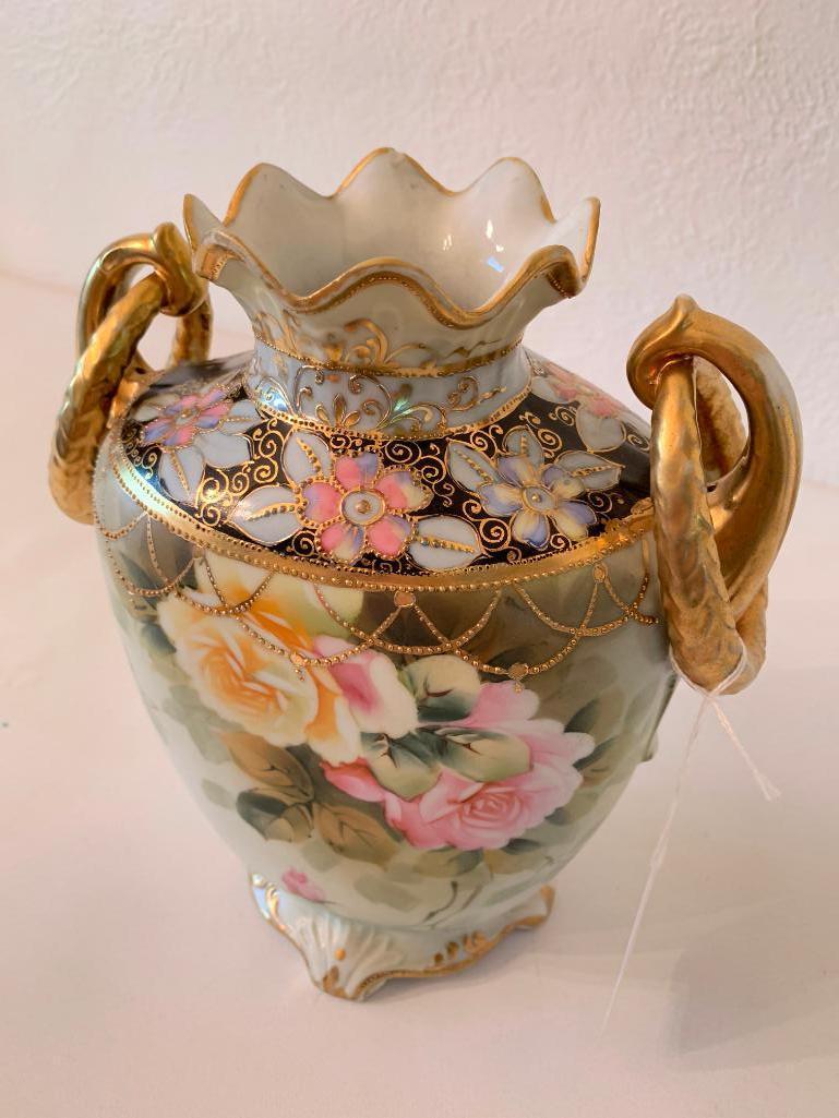Vintage Hand Painted Nippon Vase W/Yellow & Pink Roses