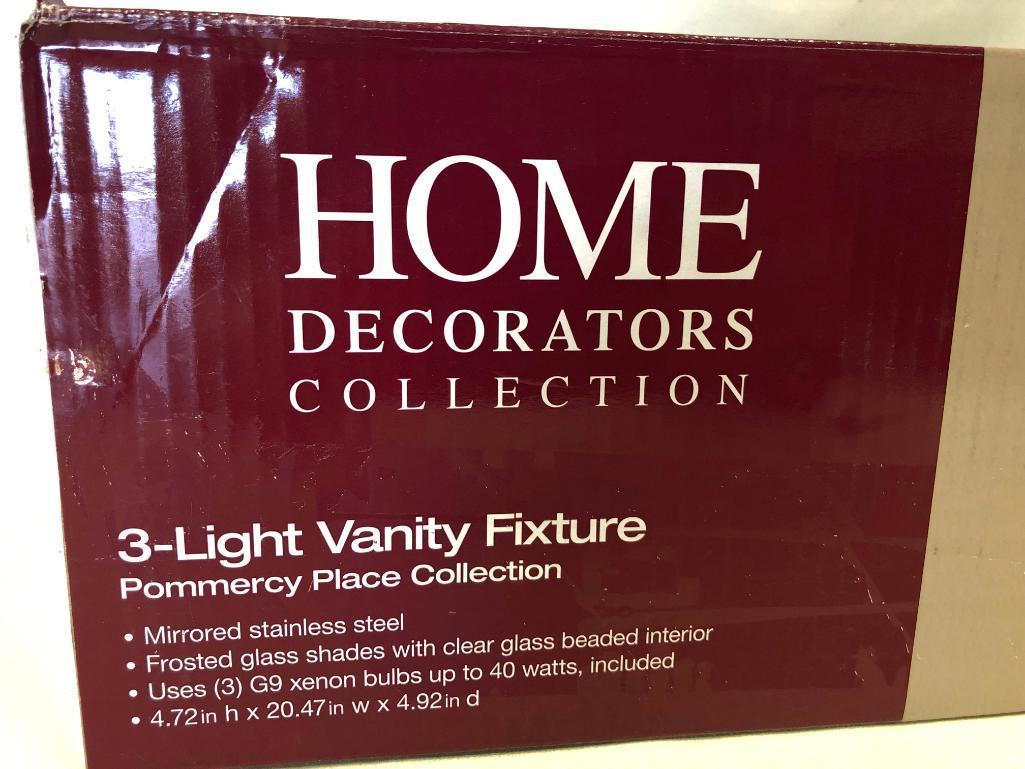 3-Light Vanity Fixture Pommercy Place Collection.Home Decorations. Frosted Glass Shade w/Glass beads