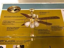 52 inch Hampton Bay Landmark Plus Ceiling Fan. Polished Brass Finish. Clear Ribbed Glass Shades.