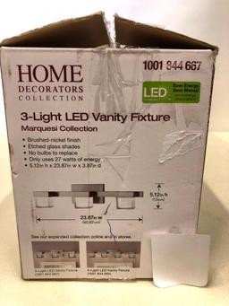 3-Light LED Vanity Fixture.Home Decorators Collection. Brushed Nickel Finish. Etched Glass Shades.