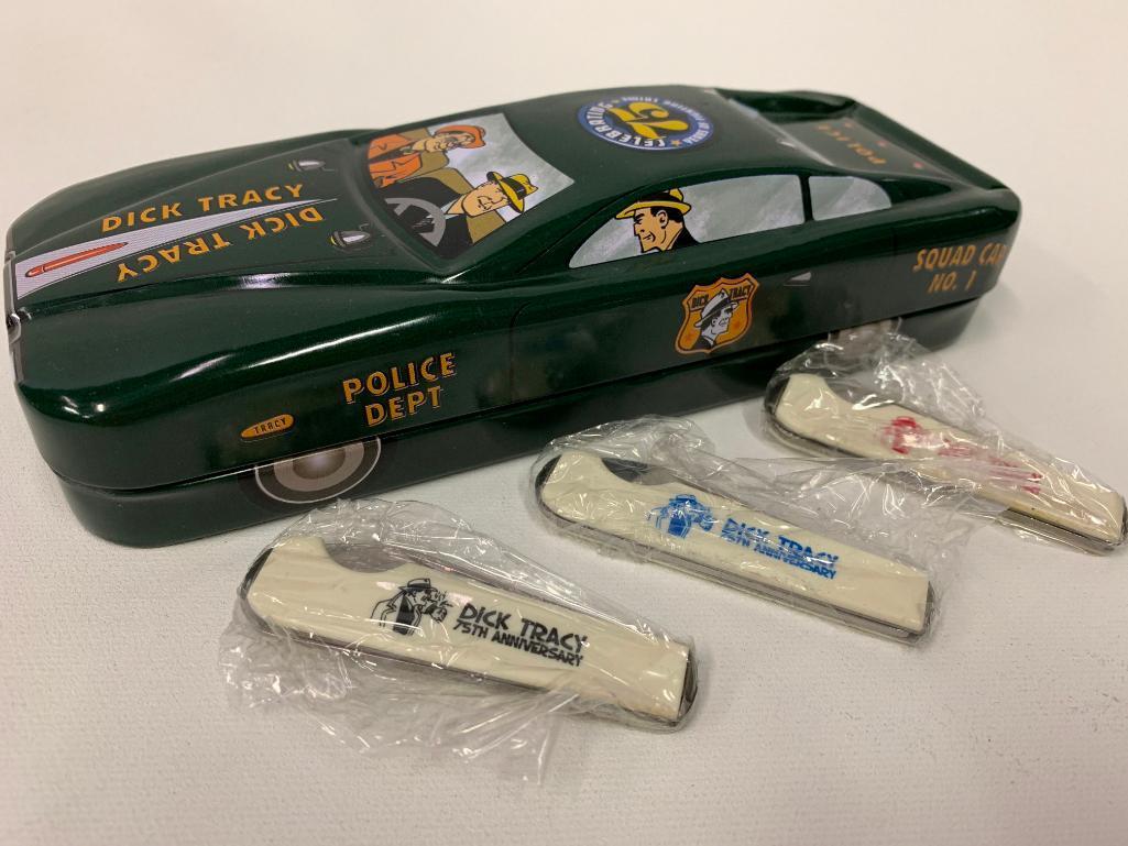 Dick Tracy 75th. Anniversary 3 Knife Set In Tin Cop Car-Mint
