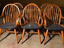 (6) Oak Arm Chairs With Curved Backs & Padded Seats