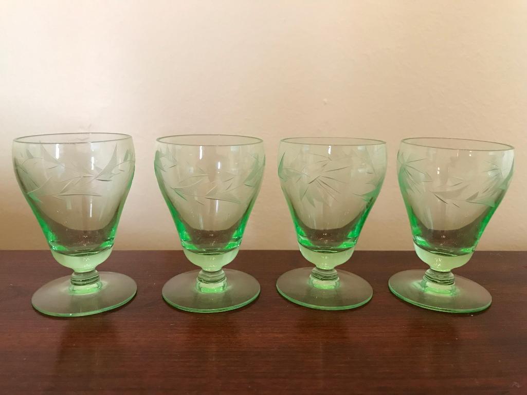 (4) Green Depression Etched Cordials