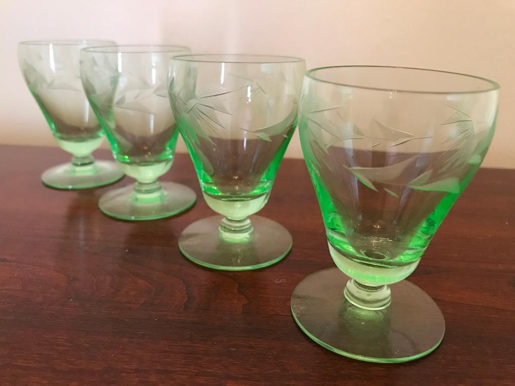 (4) Green Depression Etched Cordials