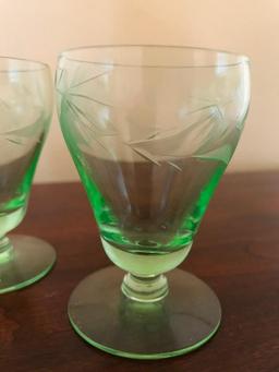 (4) Green Depression Etched Cordials