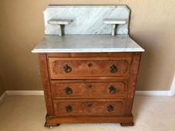 Antique Walnut Victorian 3-Drawer Washstand W/White Marble Top & Back Splash