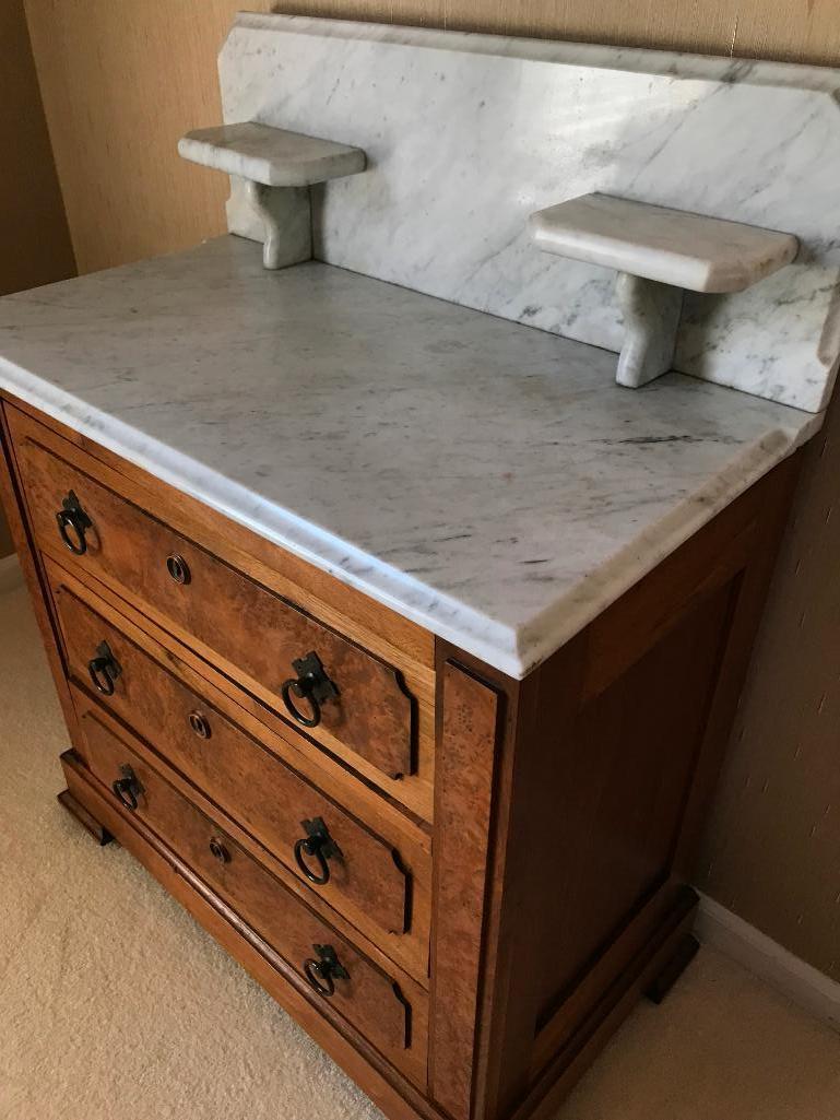 Antique Walnut Victorian 3-Drawer Washstand W/White Marble Top & Back Splash