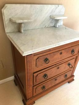 Antique Walnut Victorian 3-Drawer Washstand W/White Marble Top & Back Splash